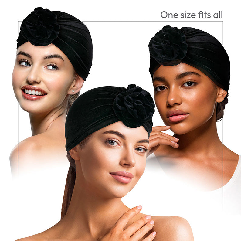 RED BEAUTY by KISS black velvet satin lined turban with front rosette worn by three models one size fits all