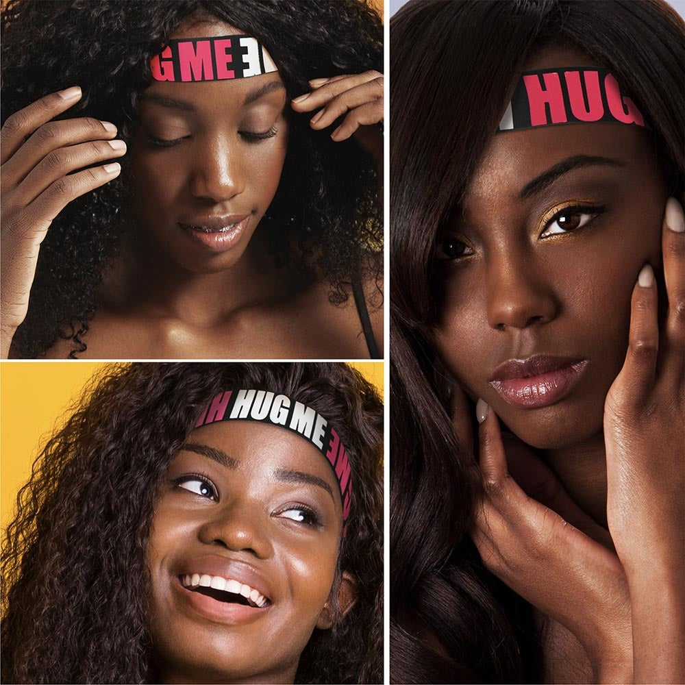 RED BEAUTY by KISS wide edge band for wigs shown on three models wearing pink and black HUG ME headband