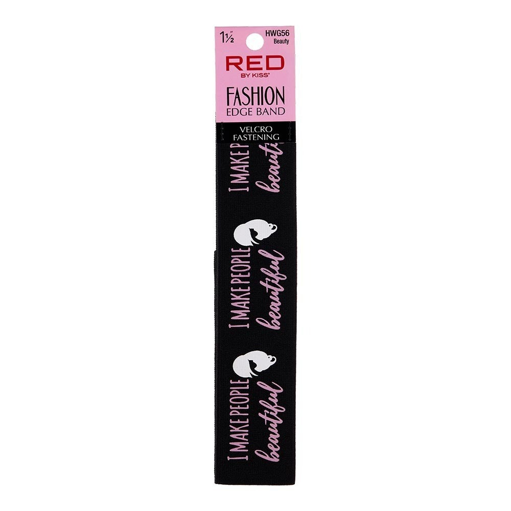 RED BEAUTY by KISS fashion velcro edge band black with pink script I MAKE PEOPLE beautiful wide edge band for wigs