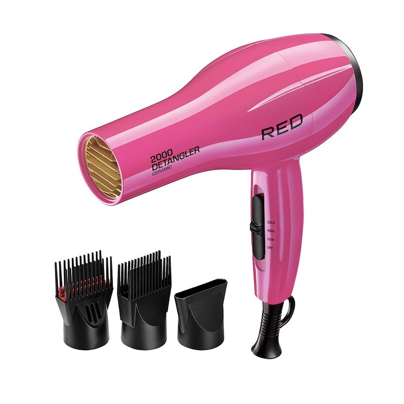 RED BEAUTY by KISS pink ceramic detangler hair dryer with three comb attachments and concentrator nozzle