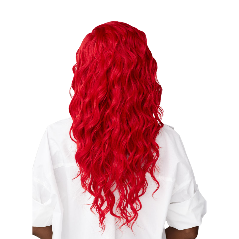 SENSATIONNEL red curly synthetic wig with long vibrant waves shown from the back