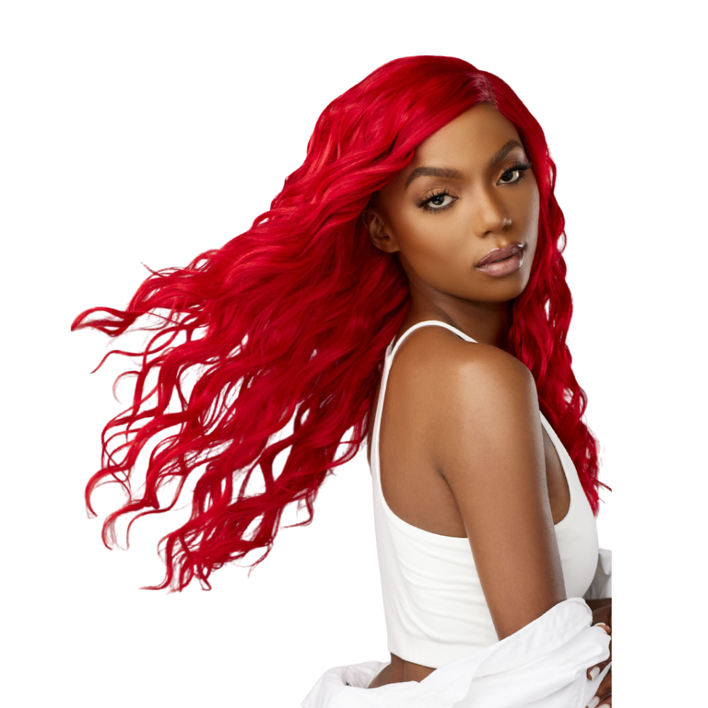 SENSATIONNEL red curly synthetic wig styled on a woman wearing a white tank top with flowing curls