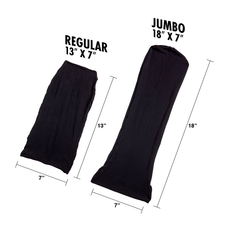 RED BEAUTY by KISS black dreadlock stocking cap pair showing regular 13 x 7 and jumbo 18 x 7 sizes