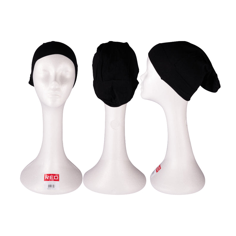 RED BEAUTY by KISS black dreadlock stocking cap shown on mannequin heads front back and side views
