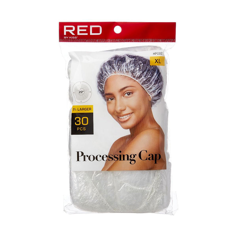 RED BEAUTY by KISS extra large hair processing caps 30 pack XL clear disposable caps shown on model