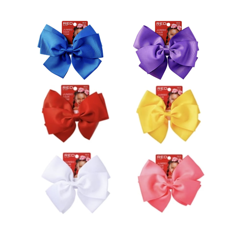 Set of six kids jumbo ribbon hair bow clips in blue purple red yellow white and pink on RED BEAUTY by KISS display cards
