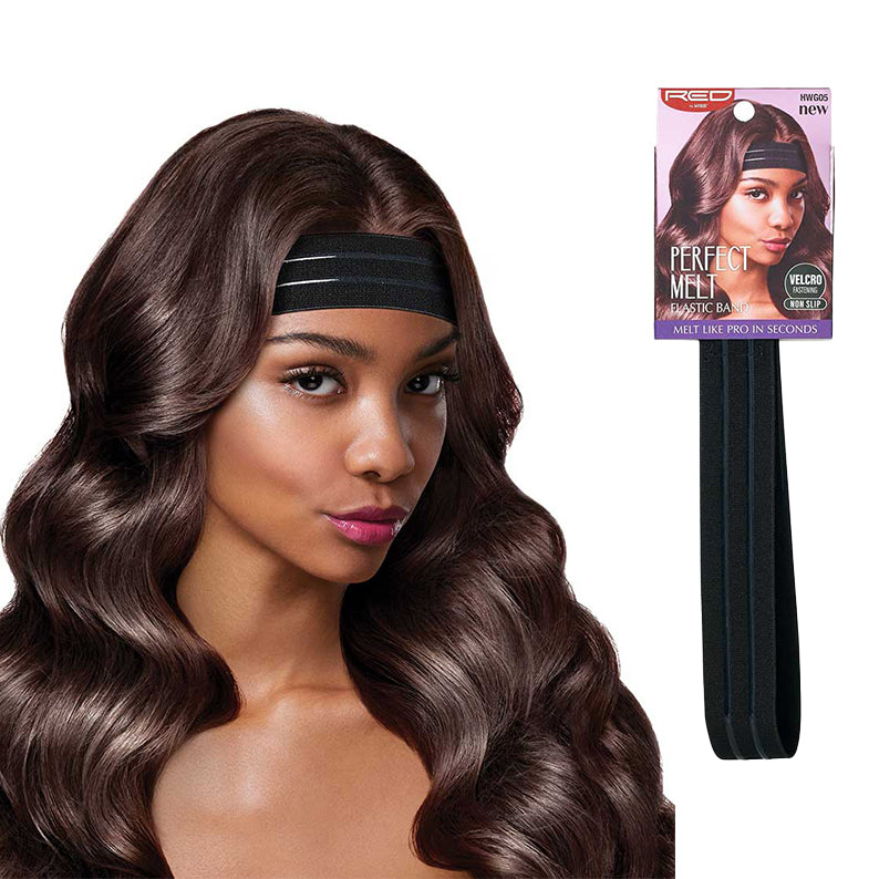 Model wearing RED BEAUTY by KISS lace frontal melt elastic band with wavy brown hair and product packaging