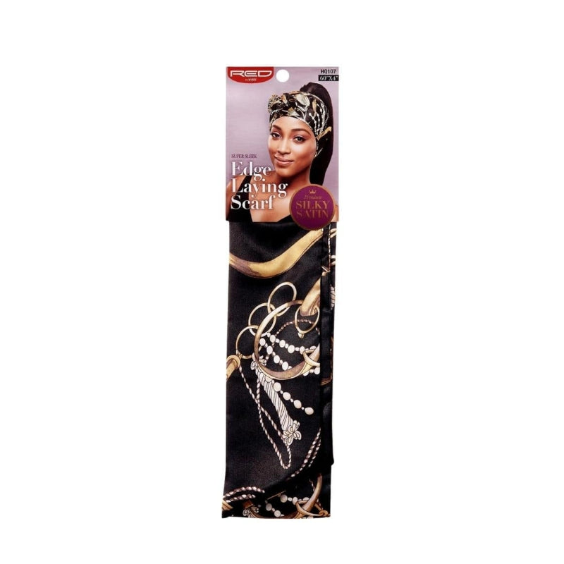 RED BEAUTY by KISS silky satin black and gold patterned luxury edge laying scarf packaged with model image
