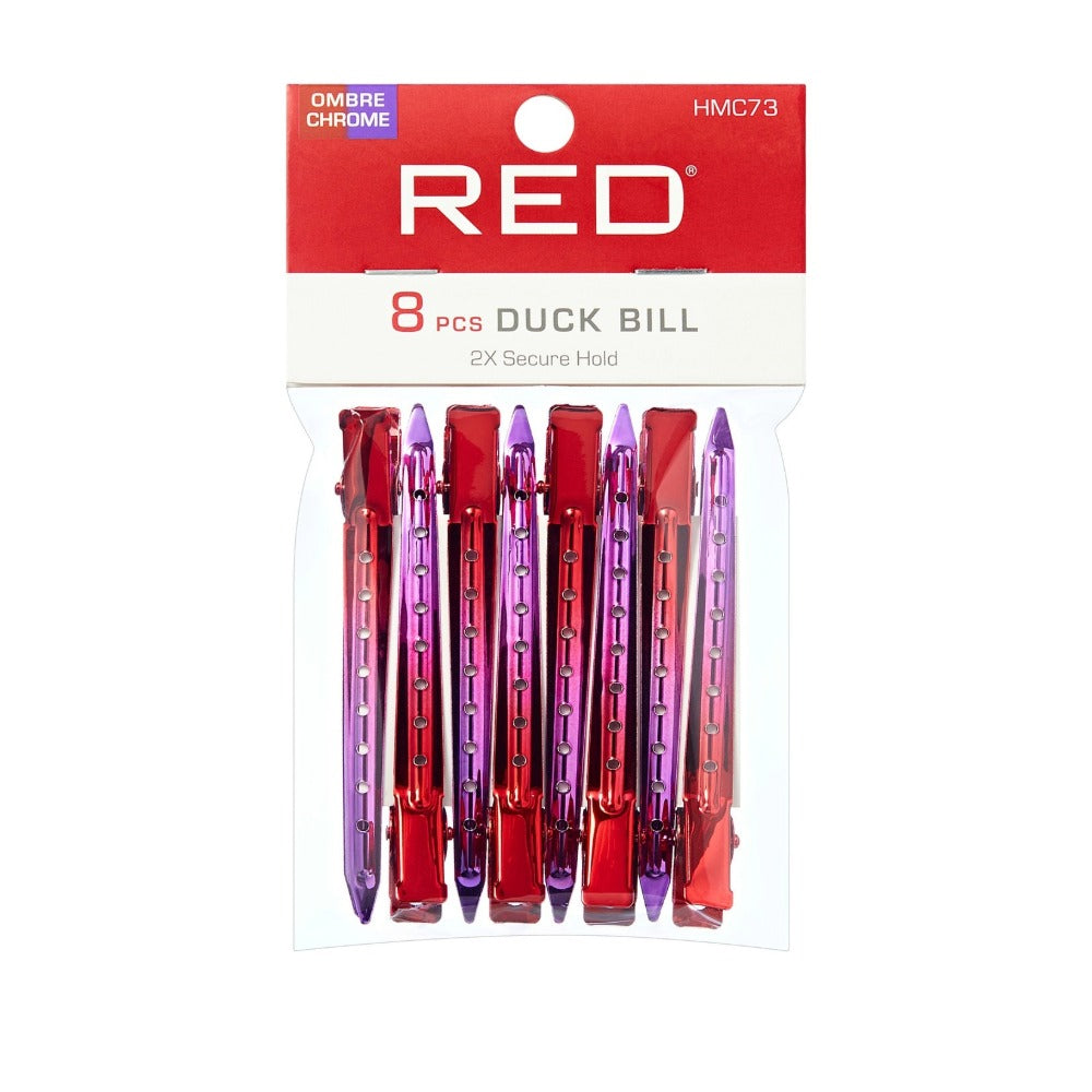 Pack of 8 RED BEAUTY by KISS ombre chrome duck bill hair clips in red and purple metallic finish for styling