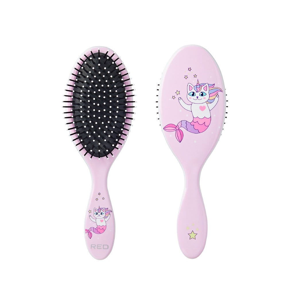 RED BEAUTY by KISS pink oval detangling hair brush with mermaid cat design and cushioned bristles