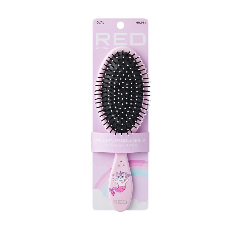 RED BEAUTY by KISS pink unicorn oval detangling hair brush paddle style with cushioned black bristles for all hair types