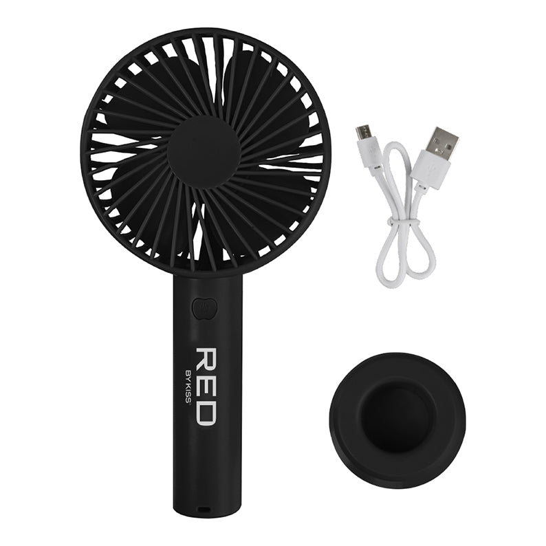 RED BEAUTY by KISS portable rechargeable beauty fan in black with USB charging cable and stand