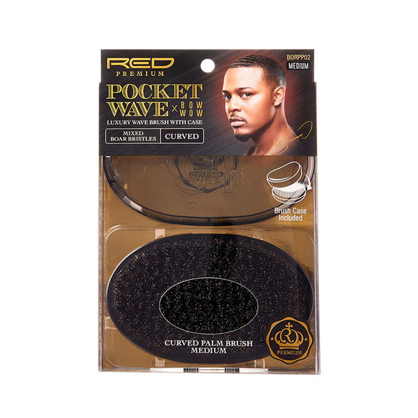 RED BEAUTY pocket curved palm brush medium black with case premium boar bristle wave brush for 360 waves