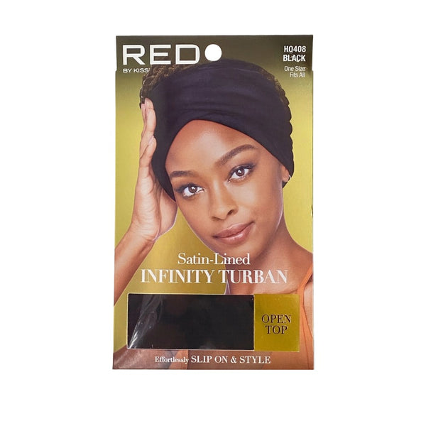 RED BEAUTY by KISS satin lined infinity turban in black for seamless comfort and style