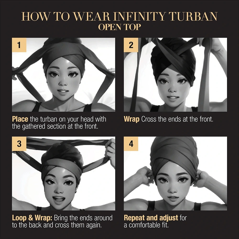 Illustration showing how to wear a satin lined infinity turban with clear step-by-step instructions