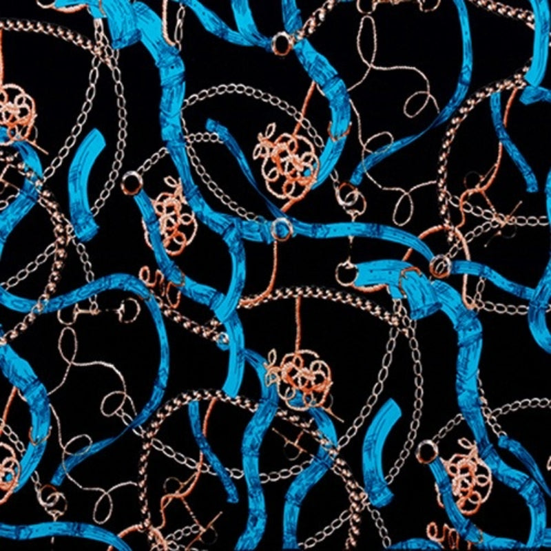 RED BEAUTY by KISS silky satin wrap scarf black print with blue ribbon and gold chain pattern