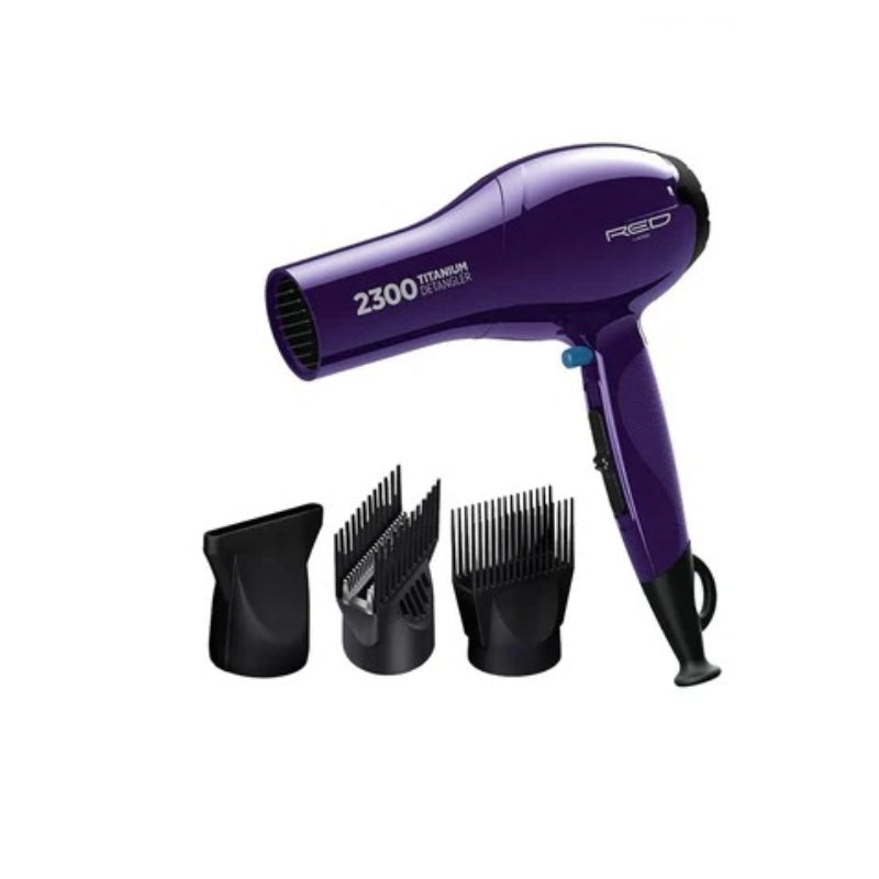 RED BEAUTY by KISS titanium detangler hair dryer in purple with multiple styling attachments