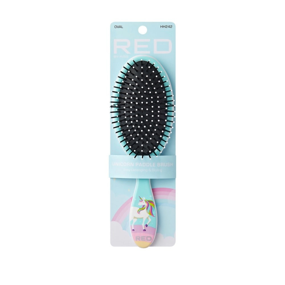RED BEAUTY by KISS unicorn detangling hair brush pastel aqua paddle with soft ball tip bristles and unicorn handle