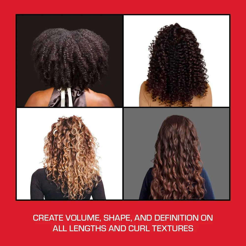 Universal hair diffuser for curly hair showcasing defined curls and volume on different hair types
