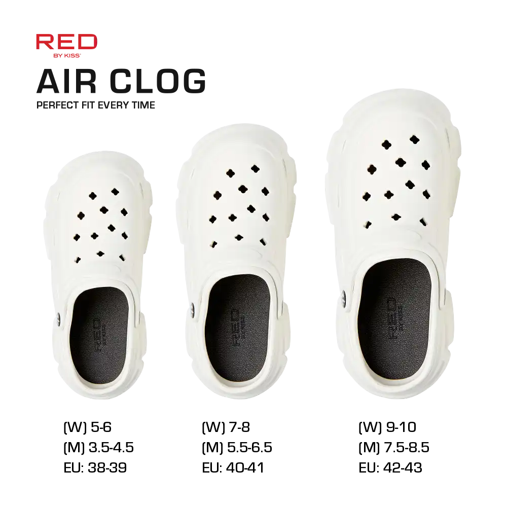 RED BEAUTY by KISS white air clog shoes trio in small medium large on black background for casual comfort