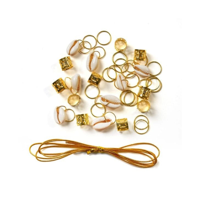 RED BEAUTY by KISS braid charm kit with gold cowrie shell charms, textured gold beads, rings and metallic cord for hair