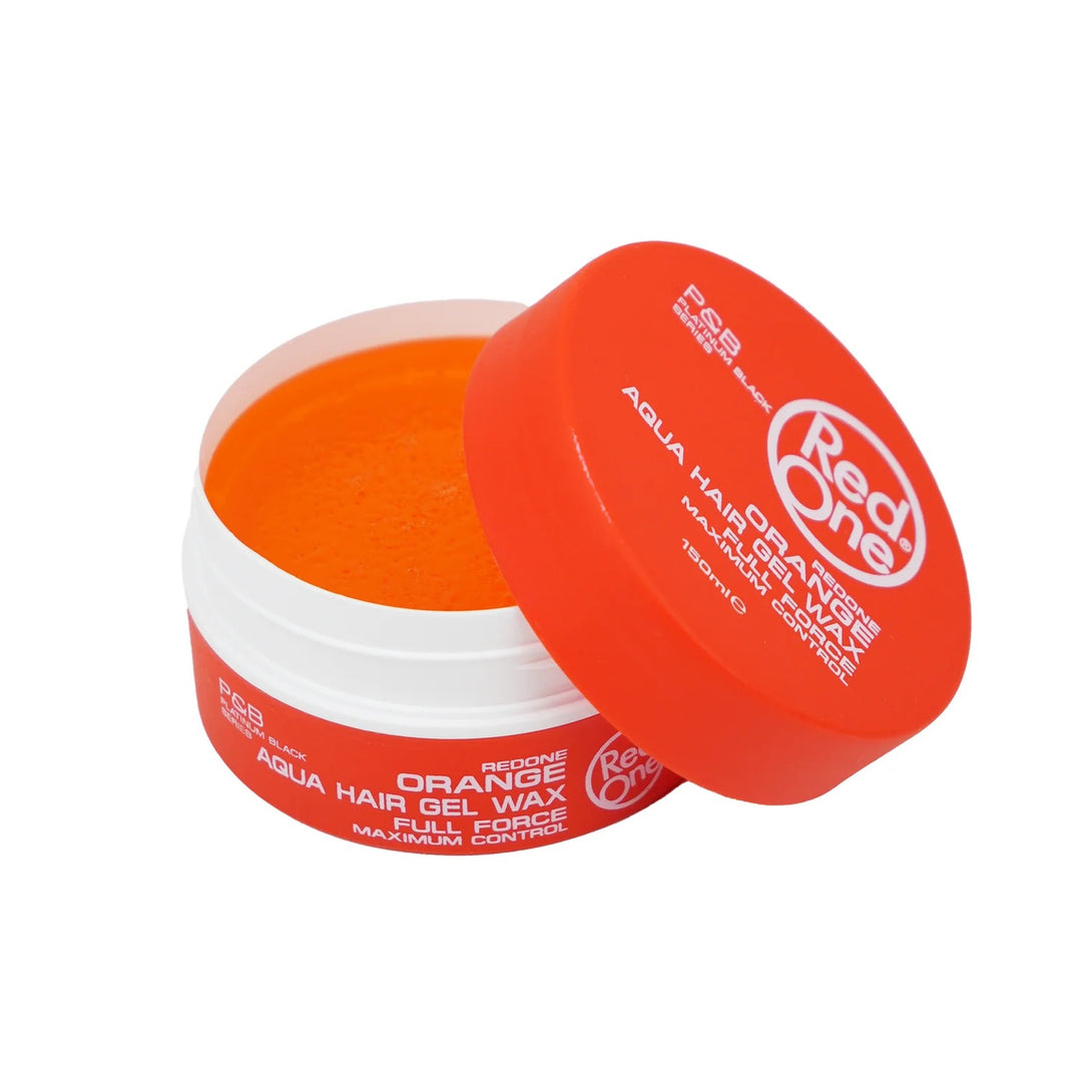 RedOne aqua hair gel wax open container showing vibrant orange gel for strong hold styling