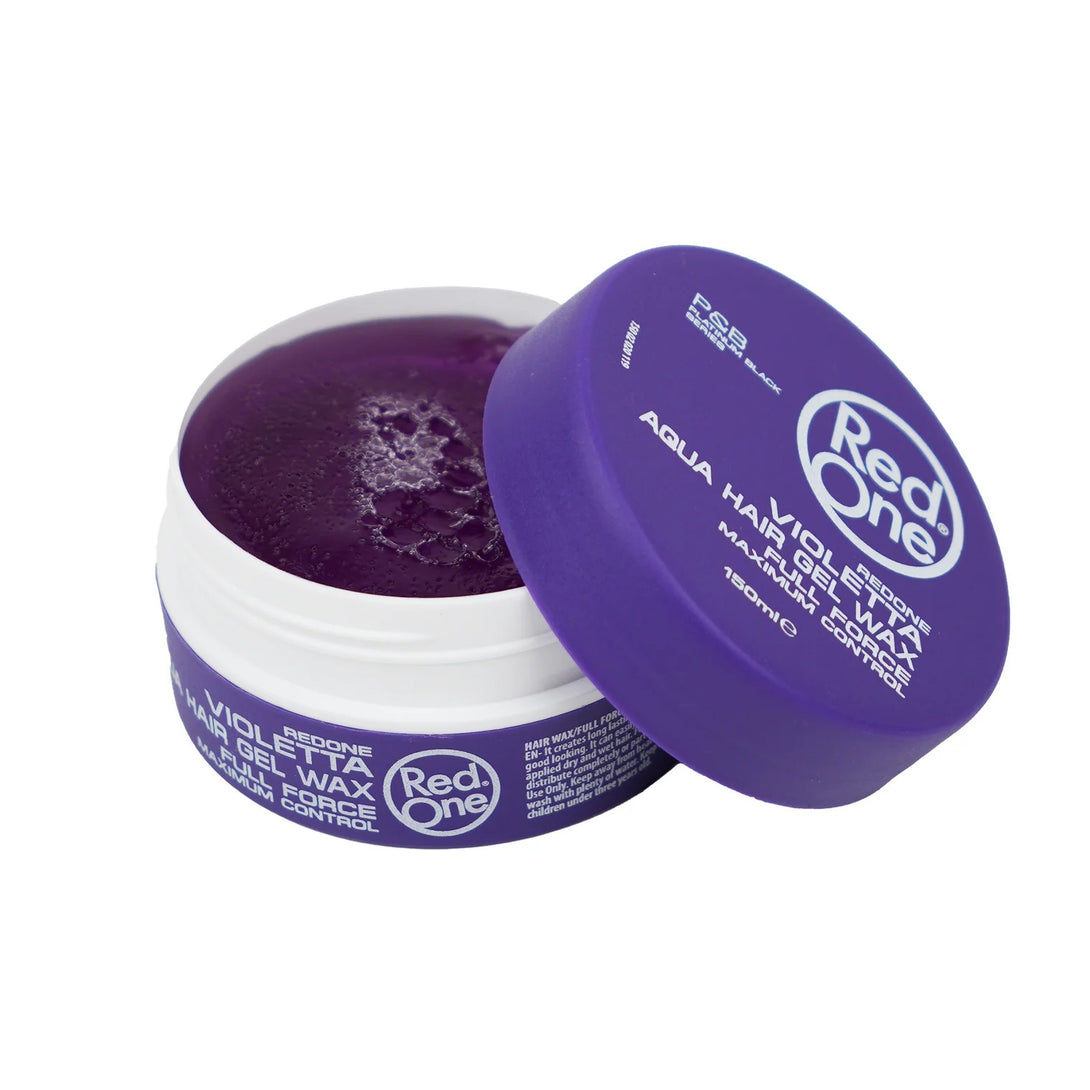 RedOne Aqua Gel Wax Violetta violet hair gel in open purple jar for styling flexible hold and glossy finish