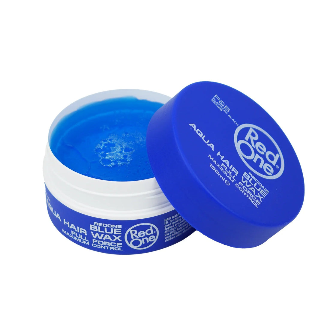 RedOne Aqua Hair Wax Blue open jar showing vibrant blue wax for strong water based styling