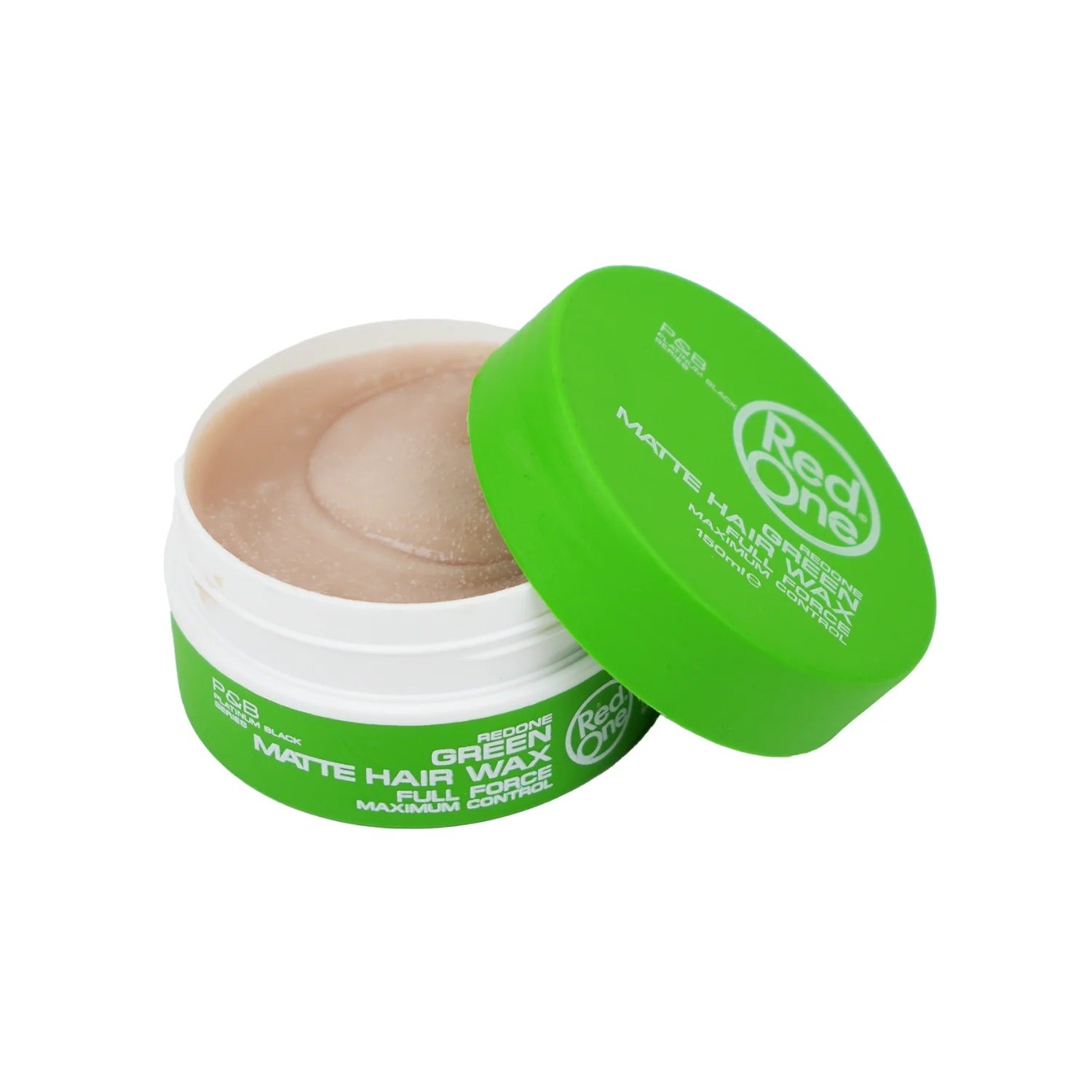 RedOne matte hair wax green open jar showing beige wax matte finish strong hold for styling hair