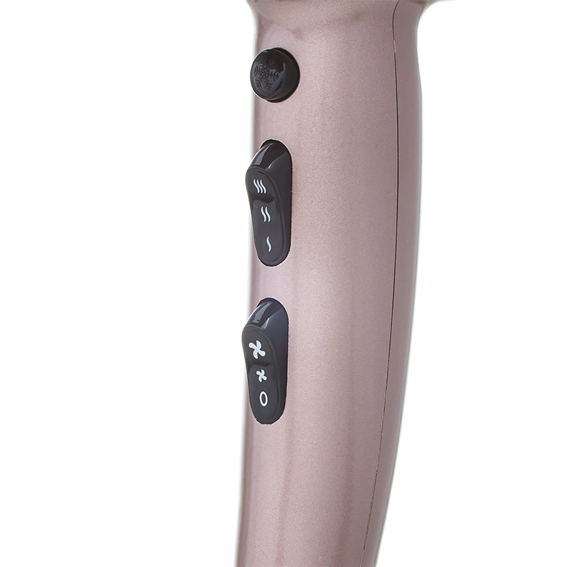 RED BEAUTY by KISS ceramic turbo hair dryer rose gold handle closeup showing heat and speed buttons