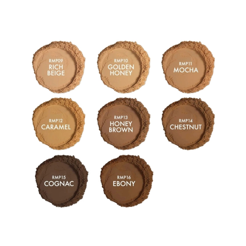 IVY BEAUTY by KISS mineral powder foundation shade range nine crushed powder swatches from Rich Beige to Ebony