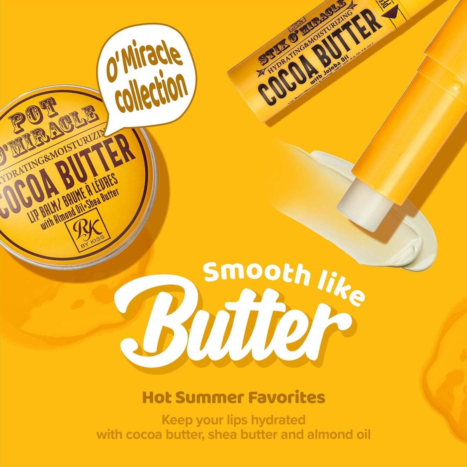 Ruby Kisses cocoa butter lip balm IVY BEAUTY by KISS yellow tube and tin packaging with cream swatch