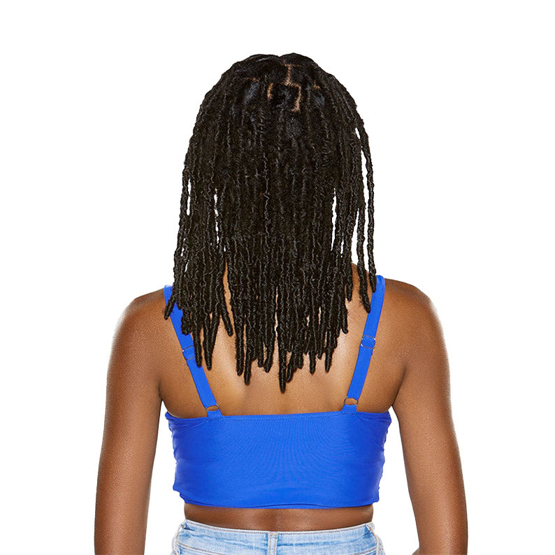 Back view of woman wearing 8 inch loc extensions from Sensationnel with natural black braided style