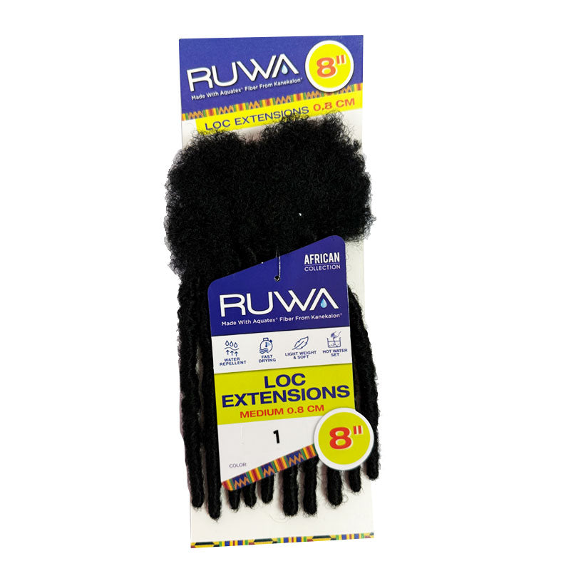 Sensationnel 8 inch loc extensions in black medium thickness with natural texture and African collection packaging