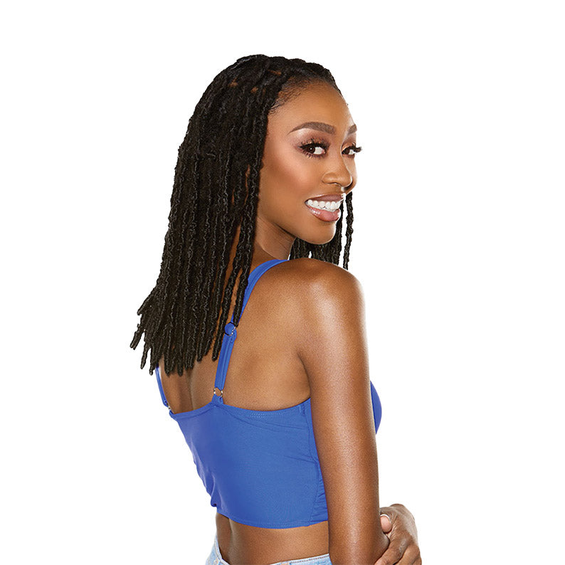 SENSATIONNEL 8 inch loc extensions worn by woman with dark brown braids smiling in blue tank top