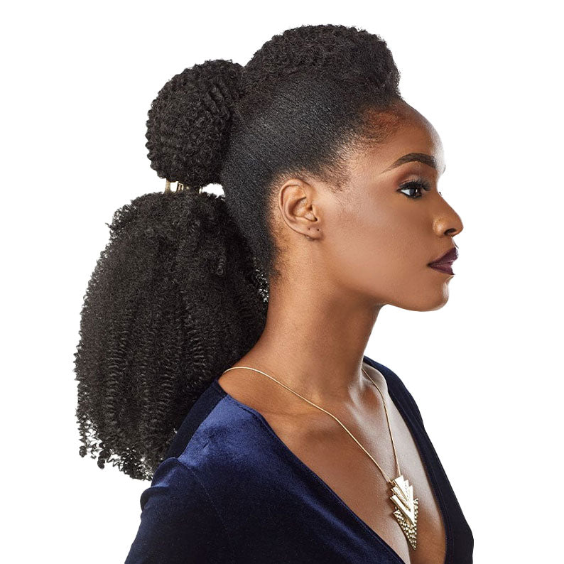 SENSATIONNEL Ruwa Afro Twist 16 inch hair styled in a natural high bun and ponytail on woman