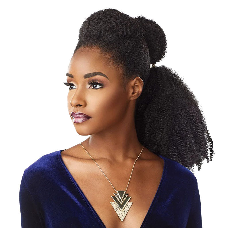 Sensationnel Ruwa Afro Twist 16 inch hair styled in a voluminous textured ponytail on model