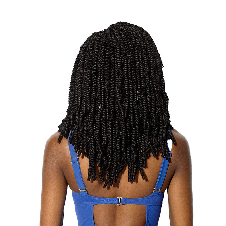 SENSATIONNEL Ruwa Spring Twist hair braids in black styled on back of woman wearing blue top