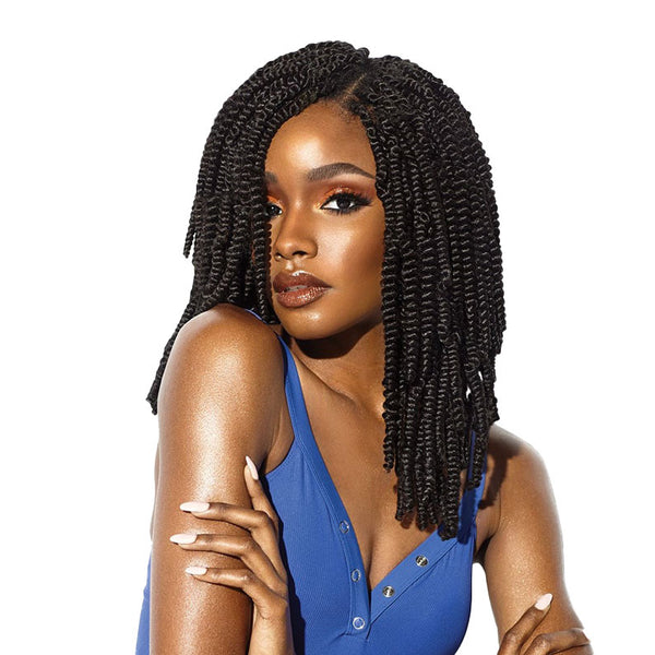 SENSATIONNEL Ruwa Spring Twist hair braids styled on woman with shoulder-length twists