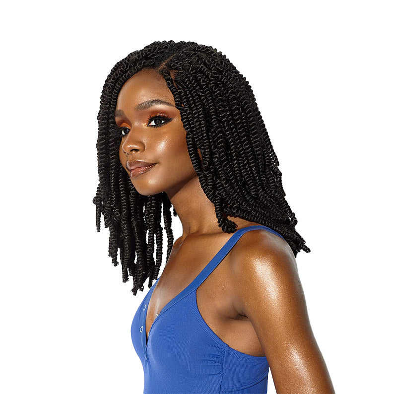 SENSATIONNEL braid with Ruwa Spring Twist hair styled on a woman in a blue top