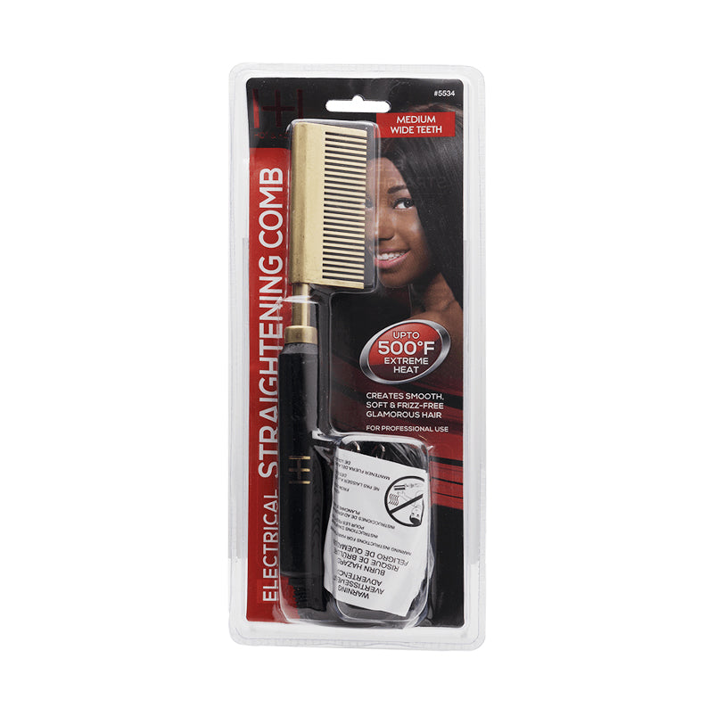 ANNIE electric straightening hot comb in blister pack with gold medium wide teeth and black handle