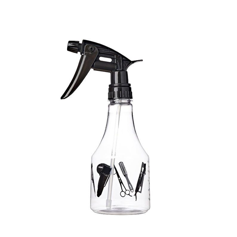 RED BEAUTY by KISS clear spray bottle for hair with black trigger sprayer and salon tool graphics
