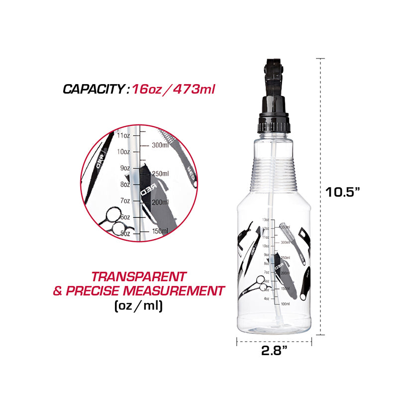 RED BEAUTY by KISS clear spray bottle for hair with 16 oz 473 ml capacity measurement marks and black mist pump