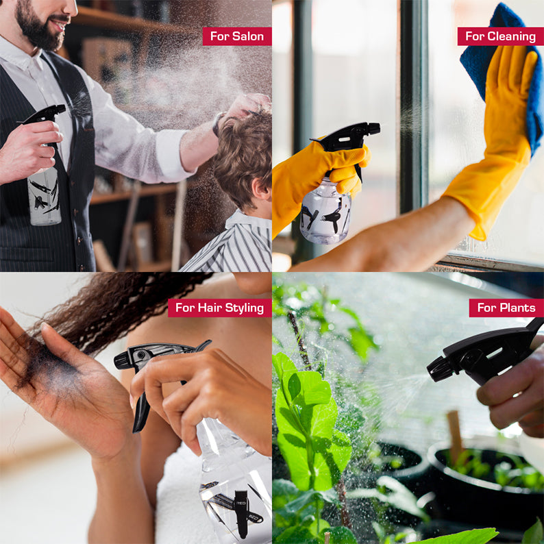 RED BEAUTY by KISS clear spray bottle for hair in a multipurpose 4 panel image showing salon styling cleaning and plant use