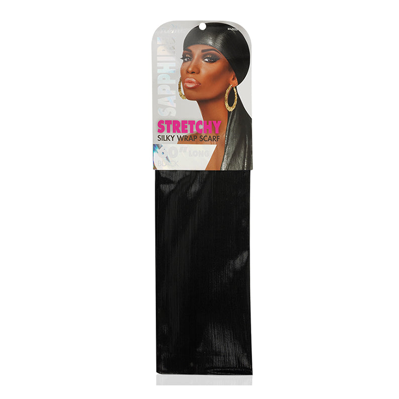 Ms Remi black stretch wrap scarf in package with model header card showing silky ribbed texture for hair styling