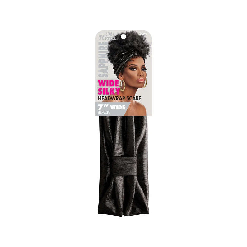 ANNIE black wide headwrap scarf 7 inch wide silky wrap in black packaged with model image