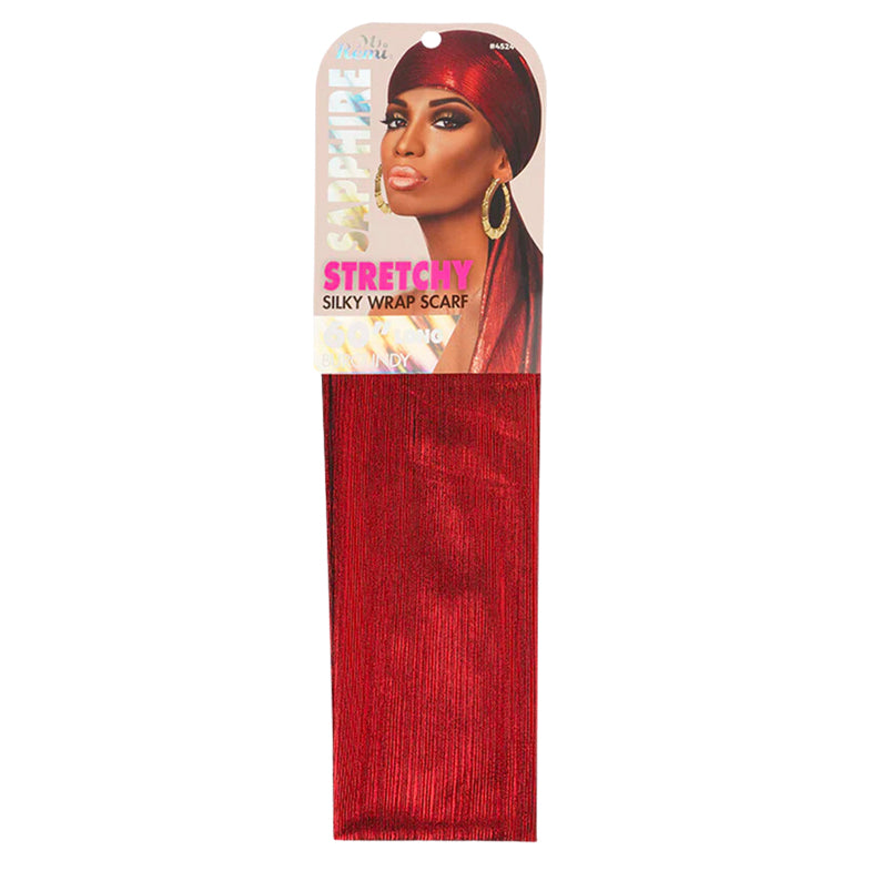 Ms Remi red stretchy packaged silky wrap scarf for hair shown on model display card