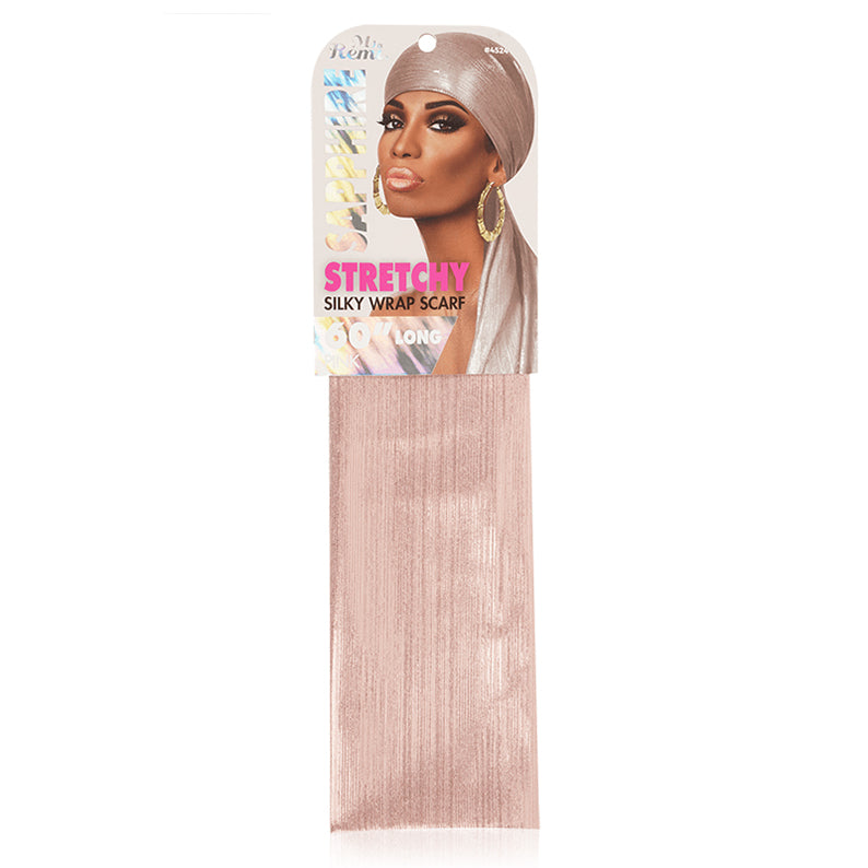 Ms Remi long stretchy silky wrap scarf for hair in rose gold pink with head wrap packaging display