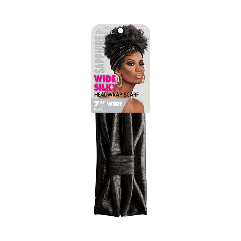ANNIE black silky headwrap packaging showing model with puff hairstyle and gold hoops wide stretchy headwrap scarf