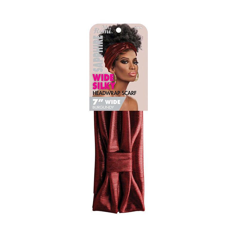 ANNIE burgundy silky 7 inch headwrap in packaging showing model on label wide stretchy headwrap scarf